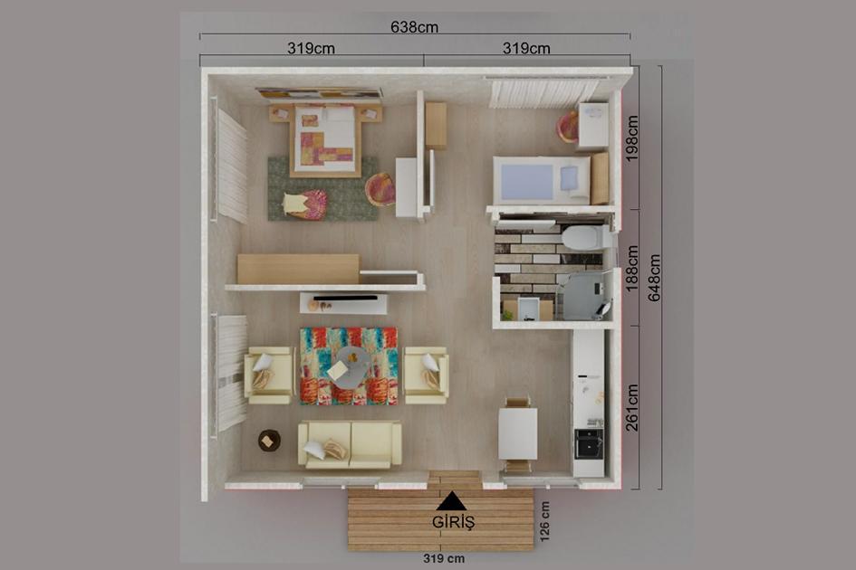 45 m² 2+1 Tek Kat Prefabrik Ev görsel 3